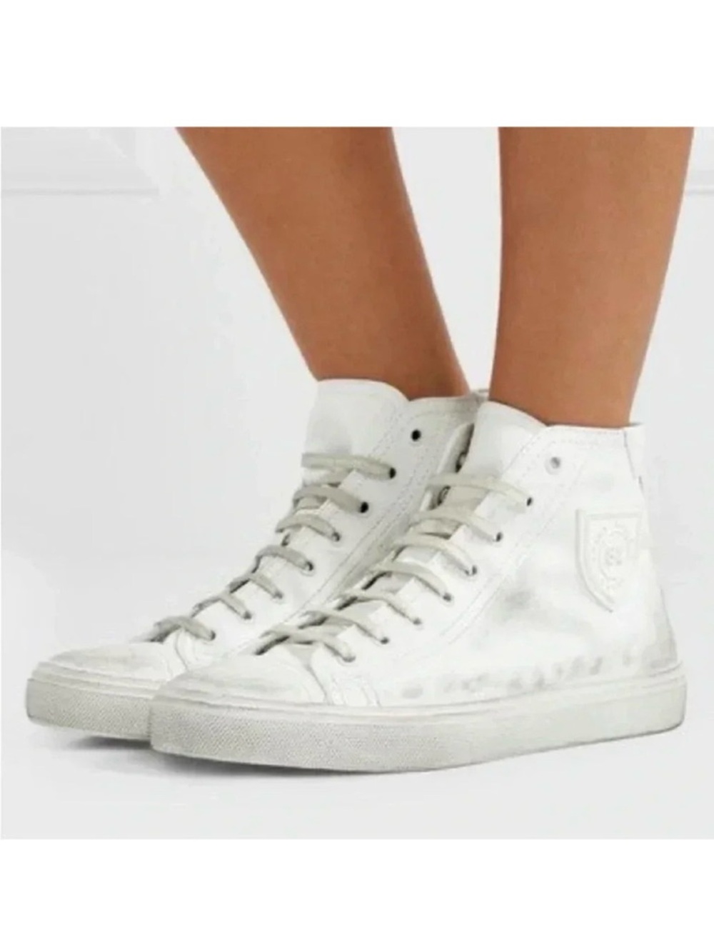 Saint Laurent Leather Bedford High Top Sneakers Vintage Effect White Size 8 US